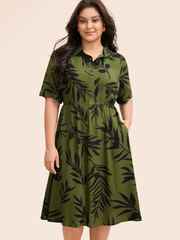 Online Only satin dressTropical Print Shirt Collar Midi Dress