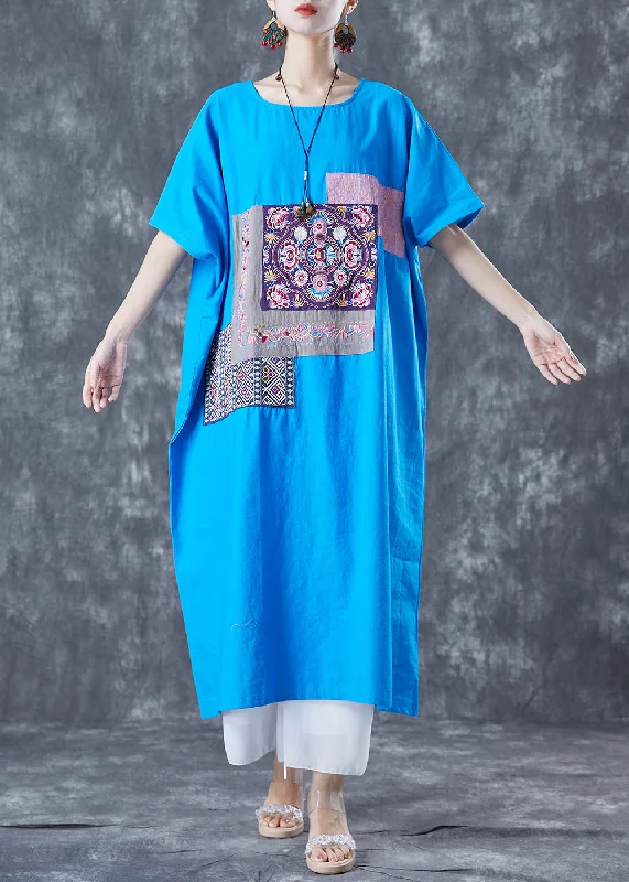 Limited Time office dressBlue Patchwork Cotton Vacation Dresses Embroideried Applique Summer