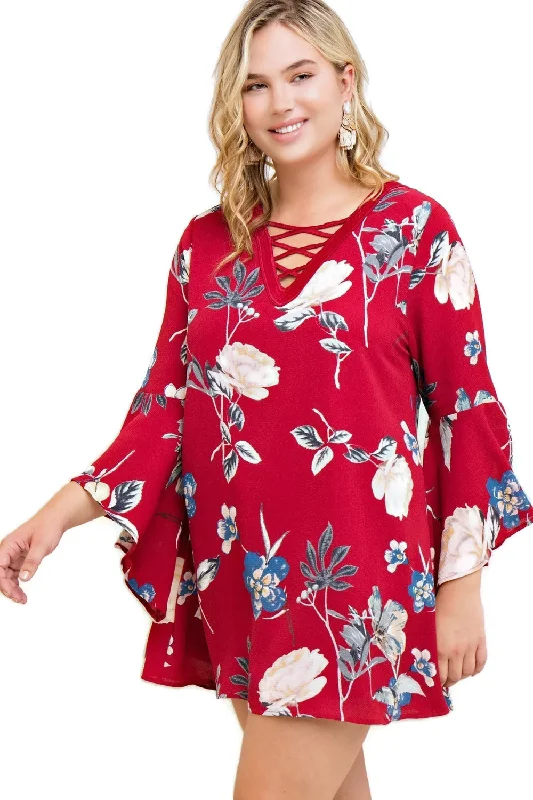 Limited Stock floral midi dressFloral Bell Sleeve Dress, Burgundy