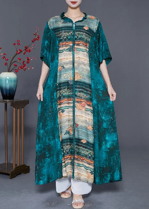 Referral Discount printed dressWomen Peacock Green Ruffled Patchwork Print Silk Dresses Summer