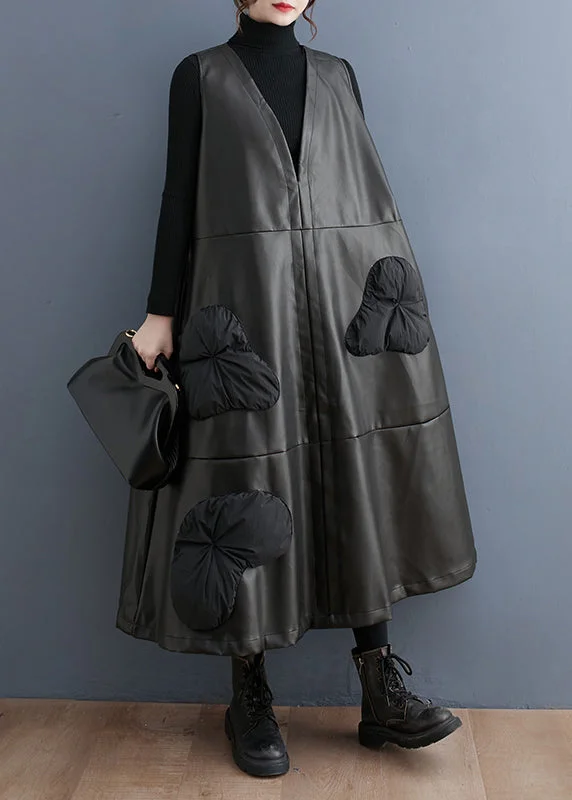 Super Sale office dressPlus Size Black V Neck Stereoscopic Floral Faux Leather Long Dress Winter