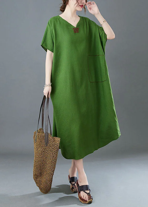 Price Blitz spaghetti strap dressItalian Green V Neck Embroideried Patchwork Linen Long Dresses Summer