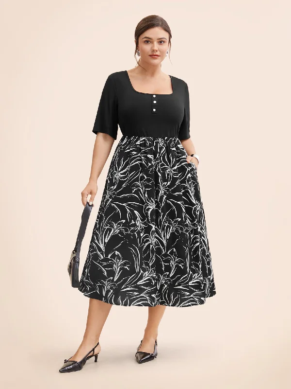 Closeout Sale casual shift dressFloral Square Neck Patchwork Button Detail Dress