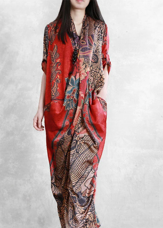 Mega Deal comfy dressWomen Red Asymmetrical Pockets Print Patchwork Silk Long Dress Summer