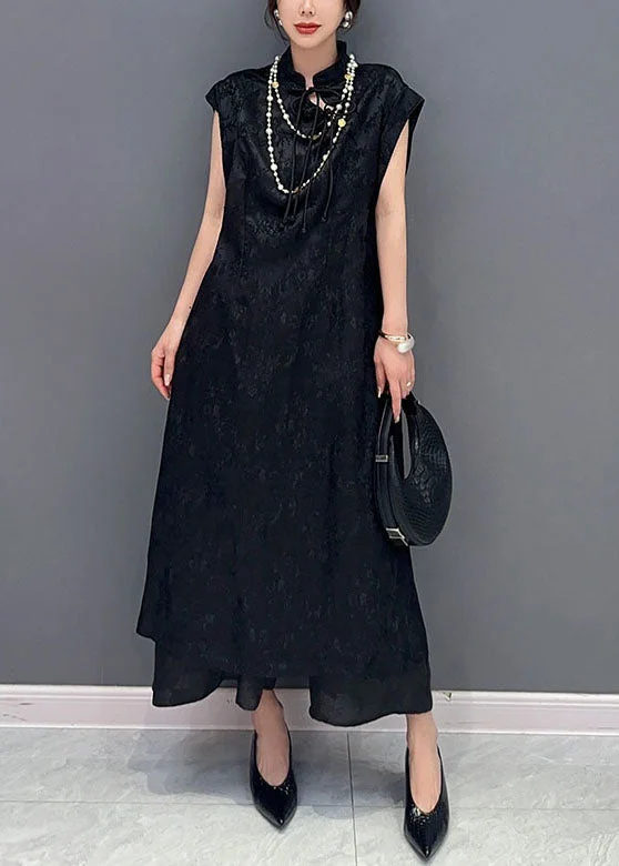 Sneak Peek Sale trendy mini dressChinese Style Black Tasseled Jacquard Patchwork Silk Dress Summer