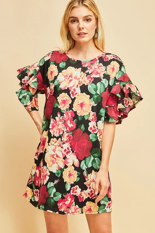 Crazy Deals silk dressFloral Ruffle Sleeve Mini Dress