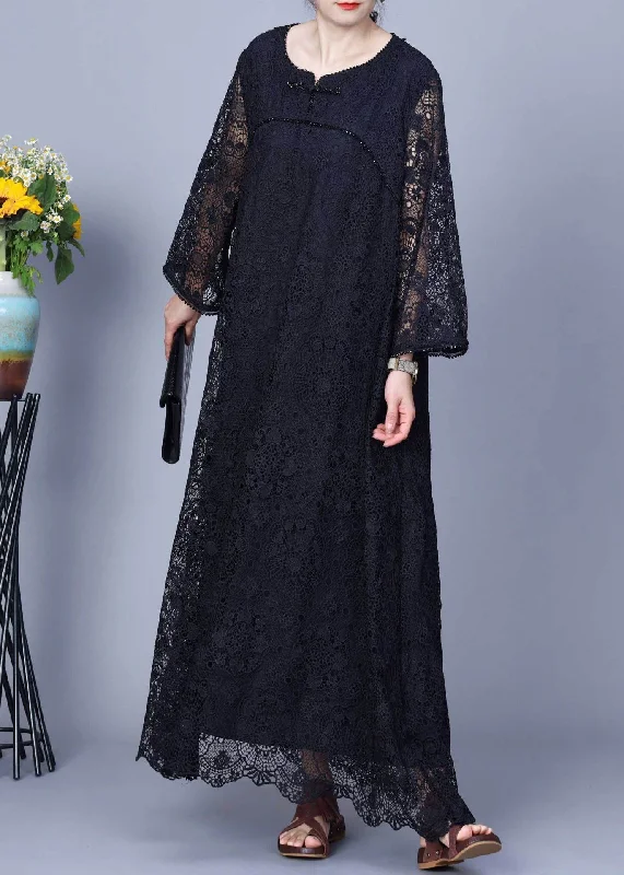Exclusive Deal v-neck dressBlack Hollow Out Patchwork Lace Long Dresses O-Neck Long Sleeve