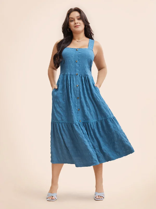 Quick Sale trendy mini dressTextured Button Detail Ruffle Layered Hem Dress