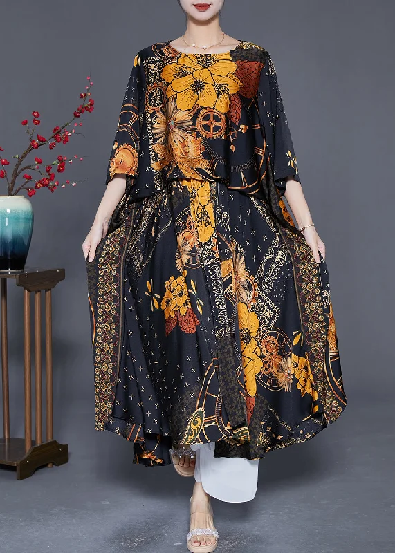 Savings Bonanza chic slip dressWomen Black Oversized Print Silk Maxi Dresses Summer