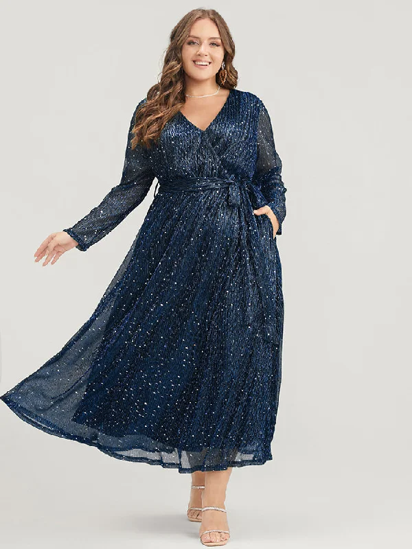 Final Clearance boho-chic dressSolid Pocket Wrap Belted Sequin Mesh Maxi Dress