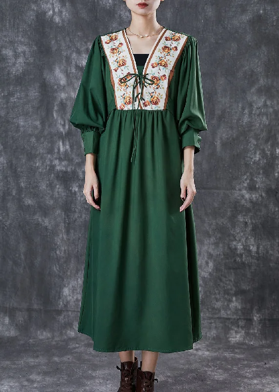 Limited Edition one-shoulder dressBohemian Green Cinched Patchwork Lace Up Cotton Dresses Spring