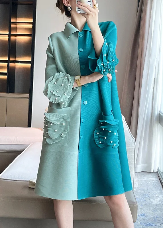 Time-Limited Offer modern dressStylish Green Wrinkled Nail Bead Patchwork Cotton Mid Dresses Butterfly Sleeve