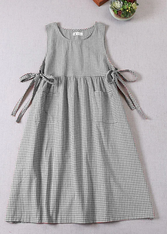 Best Deals puff sleeve dressNatural Grey Cinched Plaid Party Dress Spring