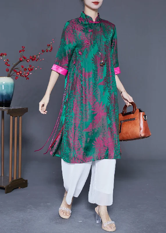 Massive Deals trendy wrap dressVintage Peacock Green Print Side Open Silk Dress Summer