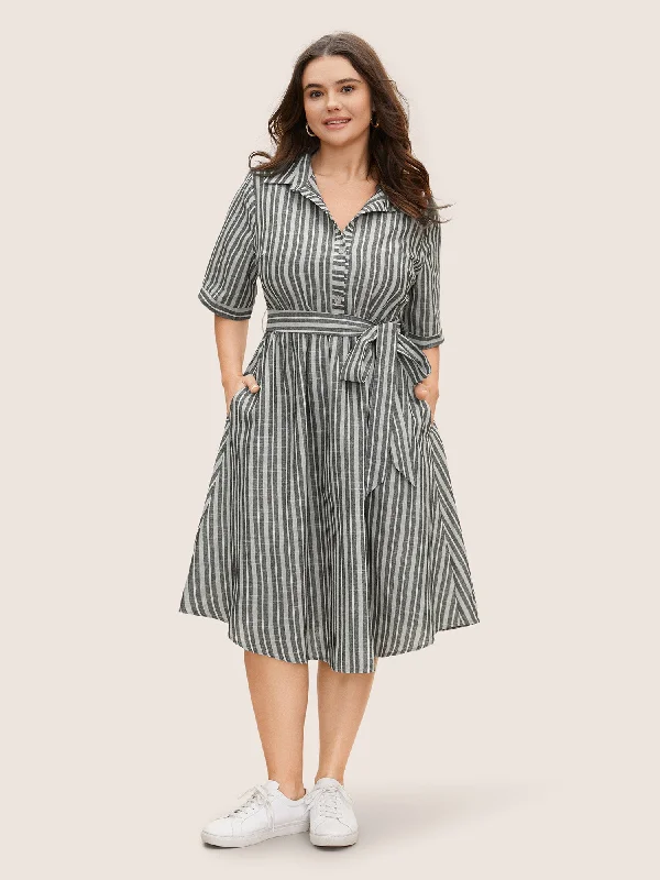 Exclusive Preview pleated dressShirt Collar Striped Button Up Belted Dress