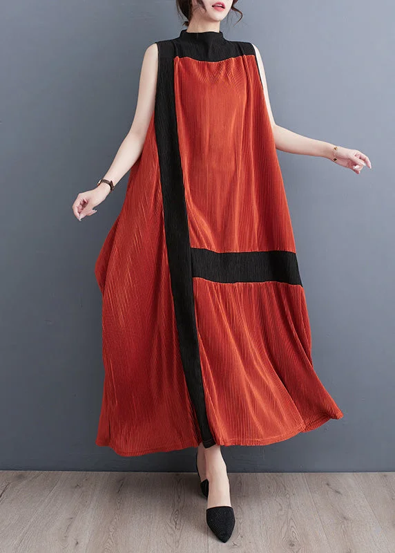 Bonus Savings playful dressCasual Orange Turtleneck Patchwork Wrinkled Maxi Dress Sleeveless