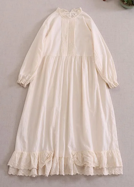 Daily Deals fitted bodycon dressWomen Beige Solid Ruffled Cotton Dresses Long Sleeve