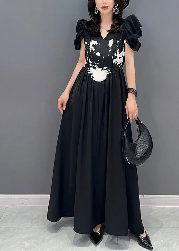 Final Sale winter dressBoutique Black V Neck Print Elastic Waist Maxi Dress Short Sleeve